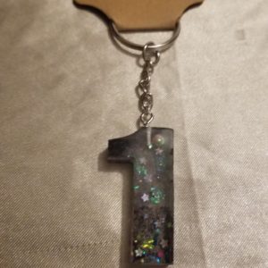 Number 1 Black Space Glitter Blue/Purple Holographic Glitter Keychain