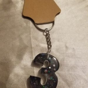 Number 3 Black Space Glitter Blue/Purple Holographic Glitter Keychain