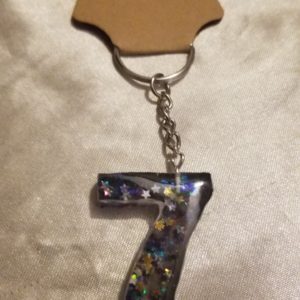 Number 7 Black Space Glitter Blue/Purple Holographic Glitter Keychain