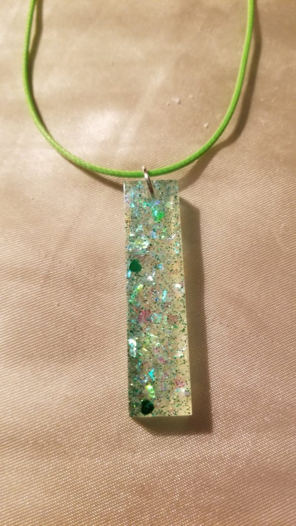 Rectangular Drop Green Glitter Green Cord Necklace