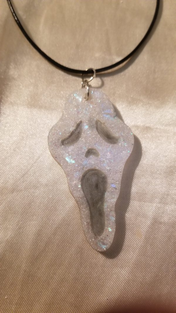 Scream Mask Grey/White Sparkles Black Cord Necklace