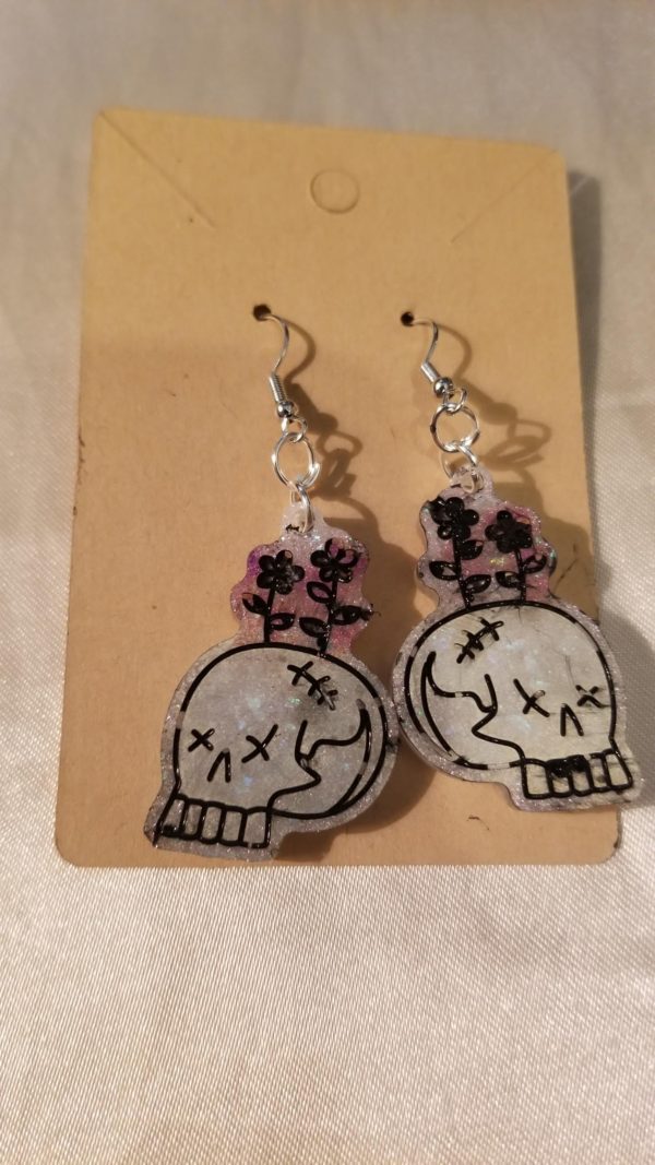 Skull White/Red/Black Accents Silver Tone Posts Drop Earrings