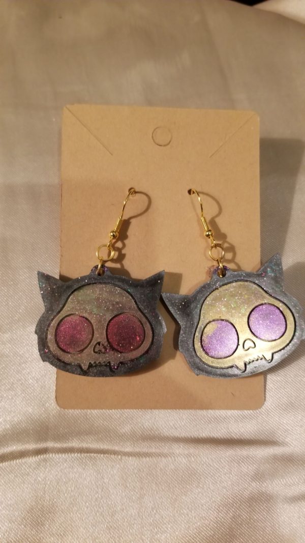 Spooky Cat Black/Gold/Red Gold Tone Posts Drop Earrings