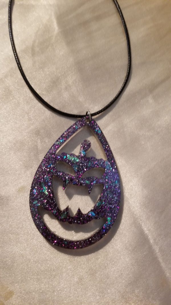Spooky Jack-o-Lantern Black Black/Purple/Blue Glitter Black Cord Necklace