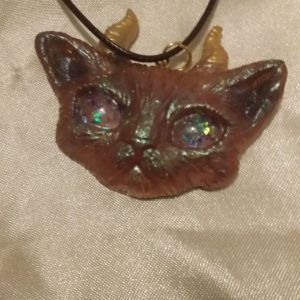 Horned Space Eyed Cat Red/Brown/Green/Gold Blue/Purple Holographic Glitter Black Cord Necklace