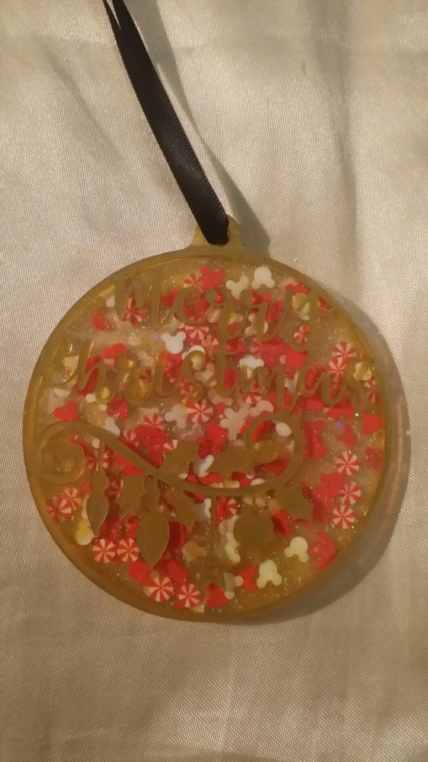 Round Merry Christmas Yellow Gold Red/White Mouse Peppermint Glitter Hanging Ornament