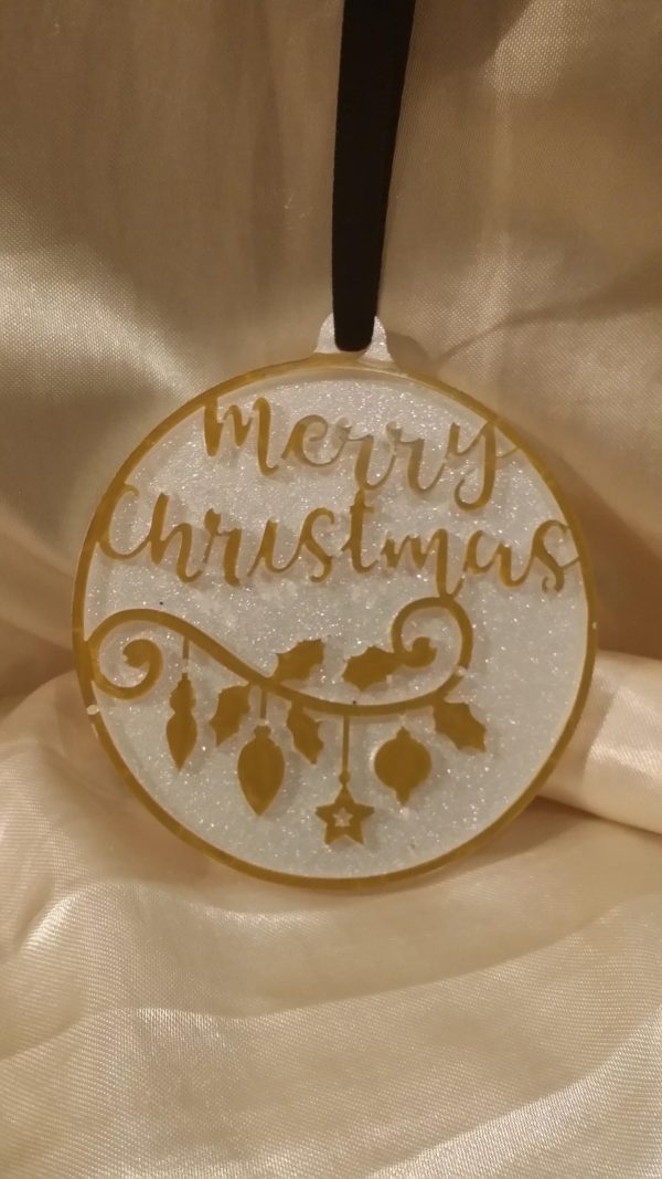 Round Merry Christmas White/Gold Hanging Ornament