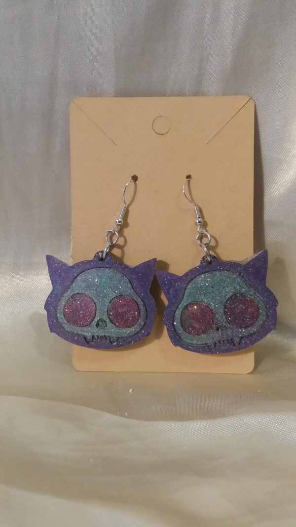 Spooky Cat Purple/Blue/Red Silver Tone Posts Drop Earrings