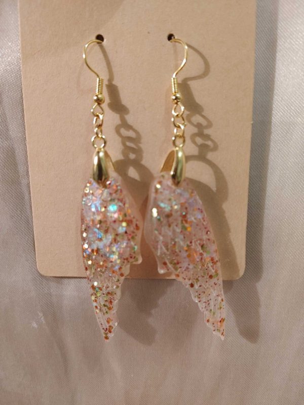Angel Wings Clear Red/Orange Glitter Gold Tone Posts Drop Earrings Style 1