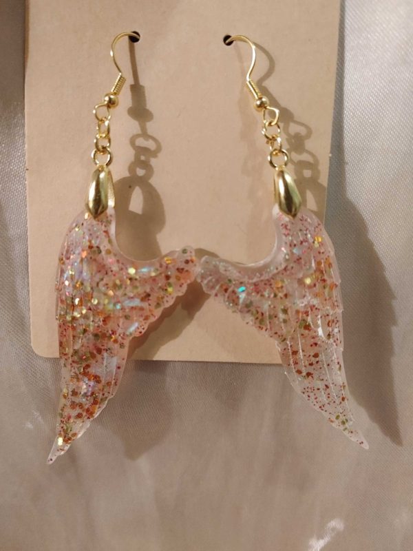 Angel Wings Clear Red/Orange Glitter Gold Tone Posts Drop Earrings Style 2