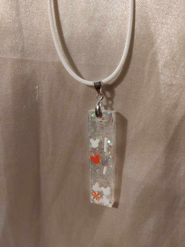 Rectangular Drop Red/White Mouse/Peppermint Glitter Silver Sparkle White Cord Necklace