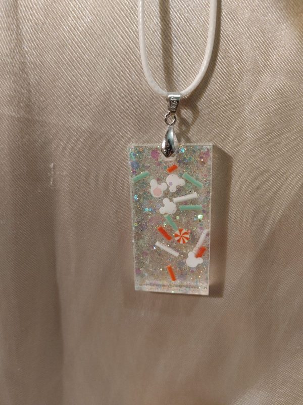 Rectangular Red/White Mouse/Peppermint Glitter Silver Sparkle White Cord Necklace