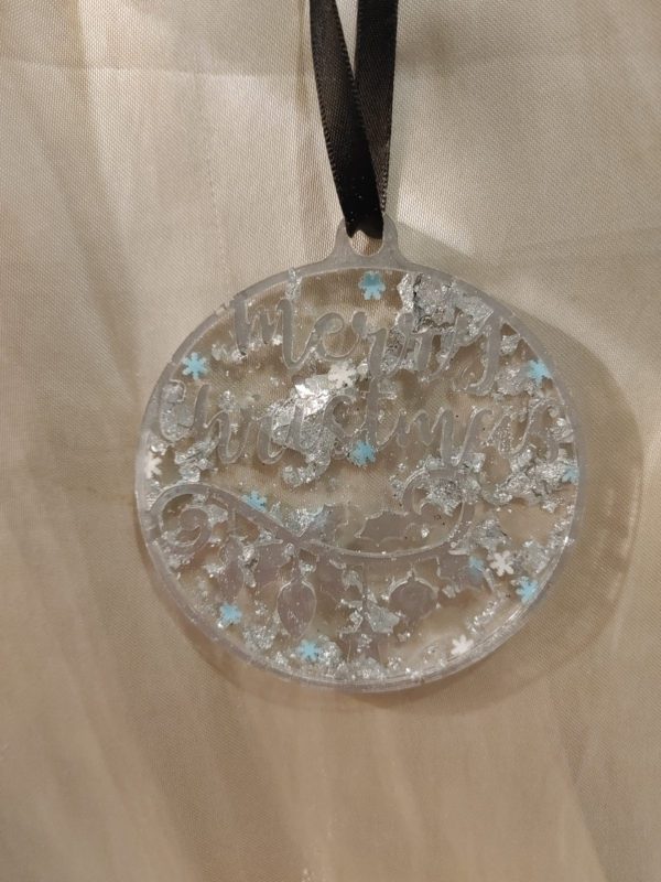 Round Merry Christmas Clear/Silver Flakes/Snowflakes Glitter Hanging Ornament