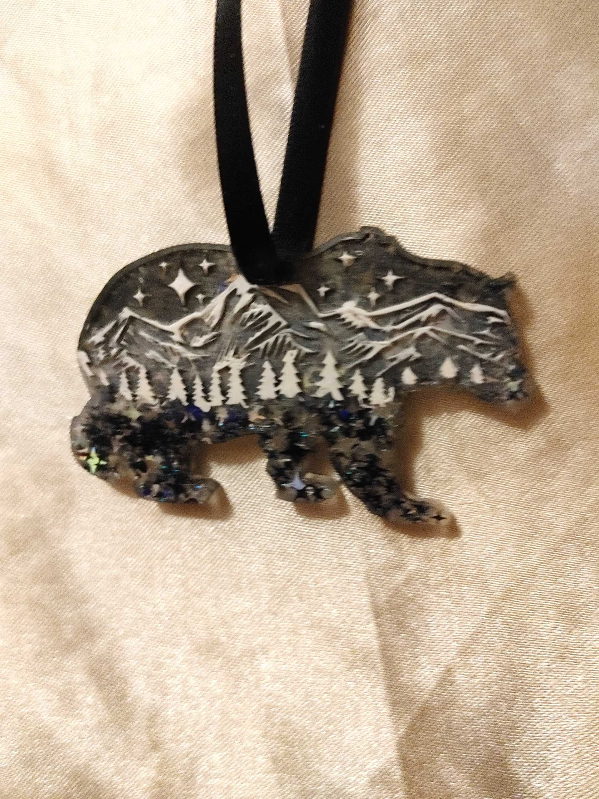 Bear Gray/Silver with Blue/Silver Stars Mountain Scene Hanging Ornament