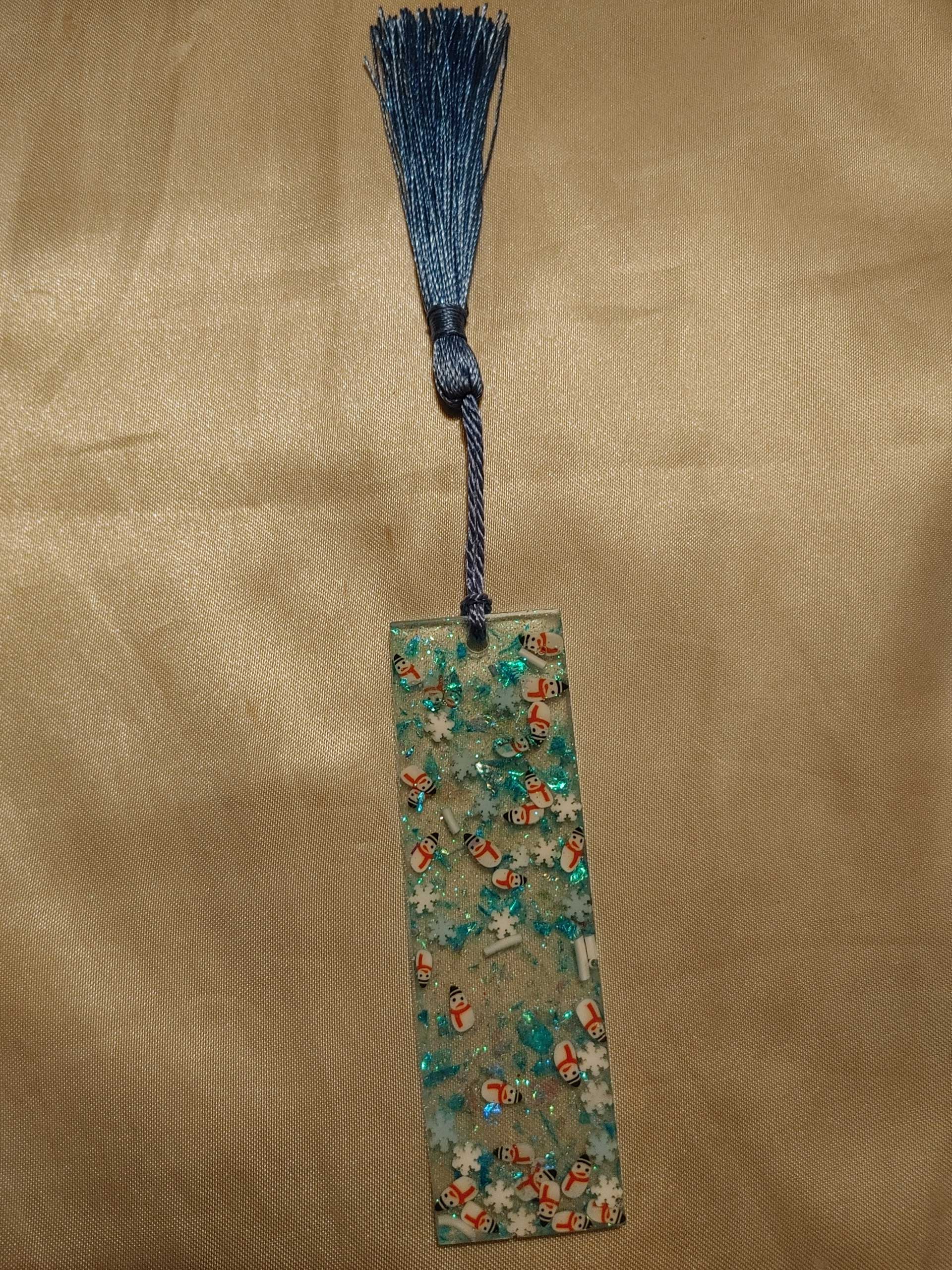 Bookmark Snowman/Snowflakes Glitter Blue/White Holographic Flakes Glitter Blue Tassel