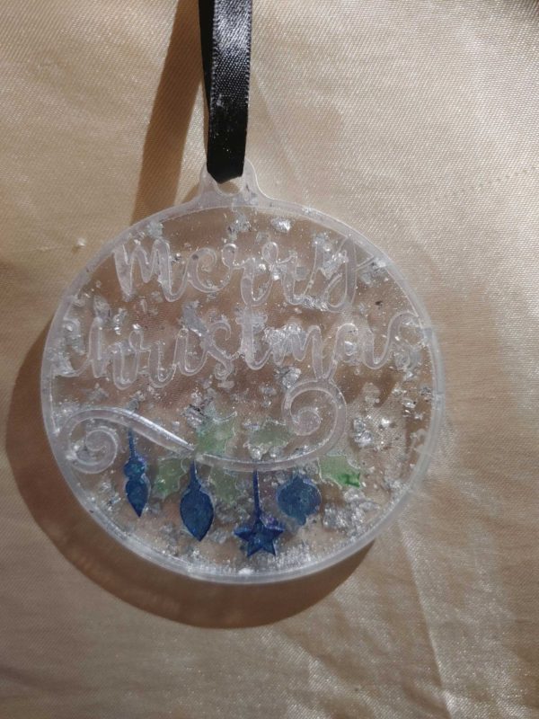 Round Merry Christmas White/Blue Silver Flakes Hanging Ornament