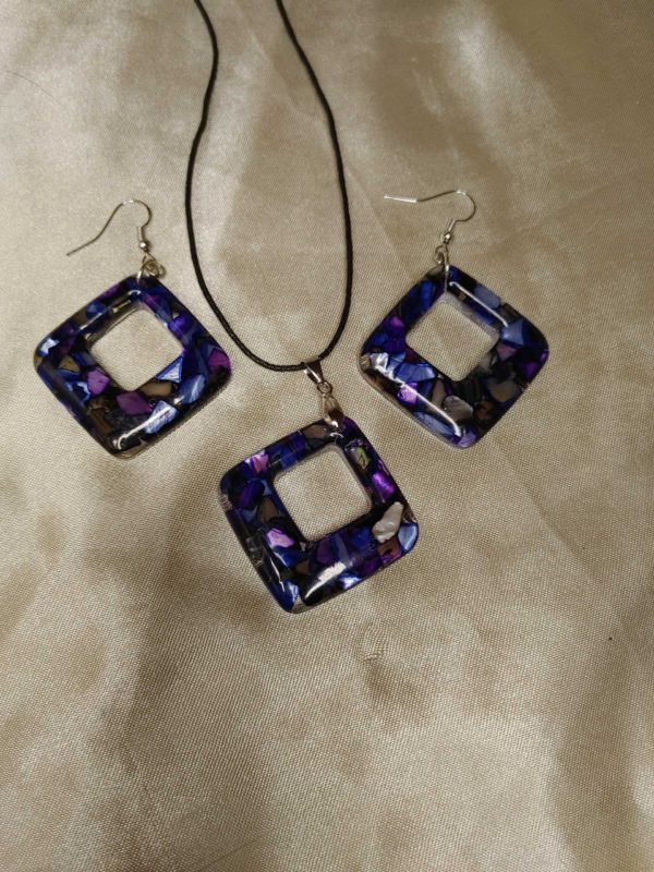 Chunky Square/Square Grey/Blue/Purple Seashore Inspired Necklace and Earring Set