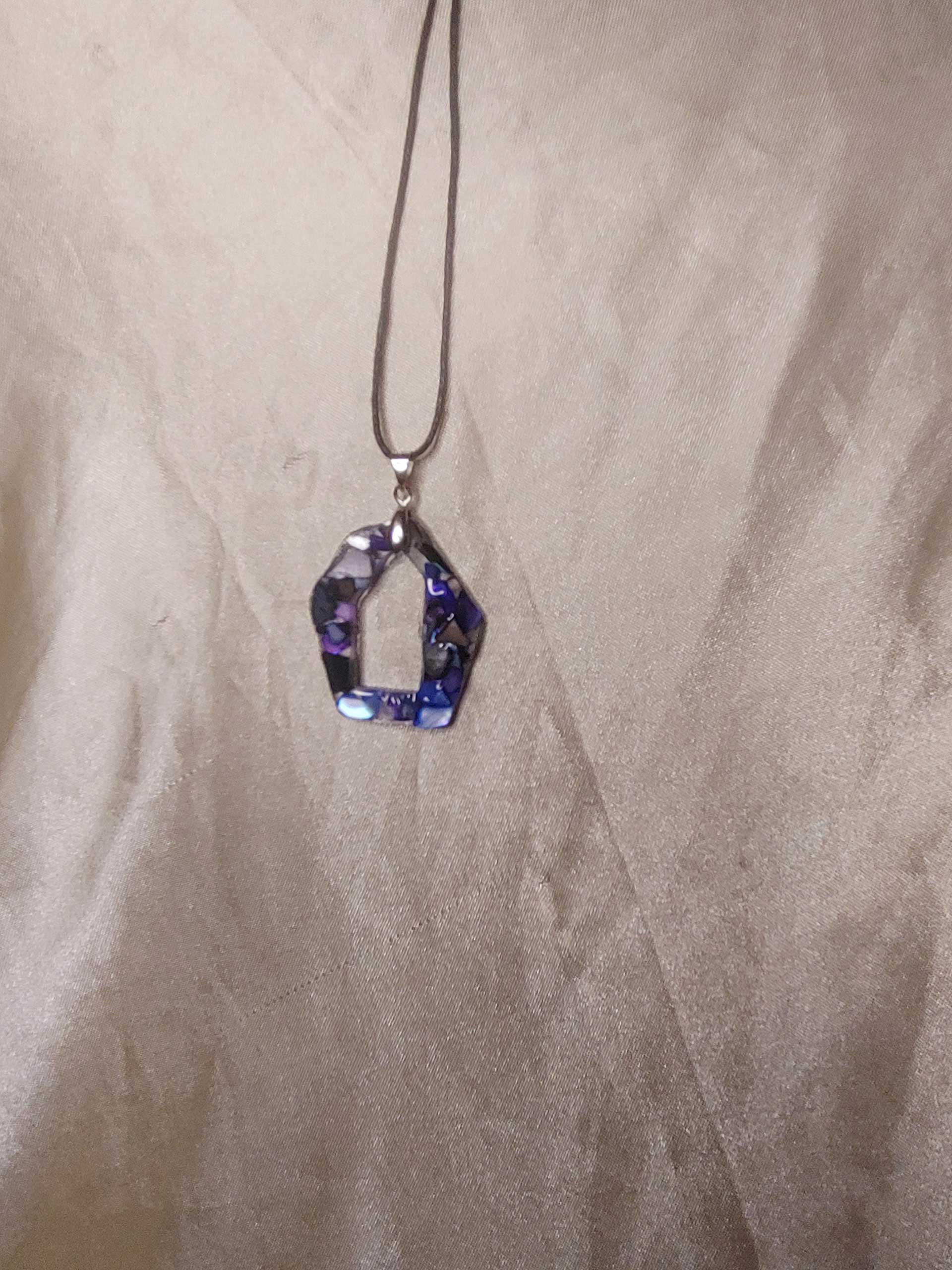 Hexagon/Pentagon Grey/Blue/Purple Seashore Inspired Black Cord Necklace