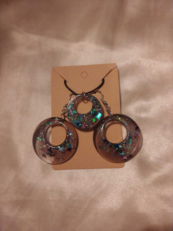 Chunky Round/Round Black Blue/Silver Stars Glitter Blue/Pink/Green Holographic Flakes Necklace and Earring Set