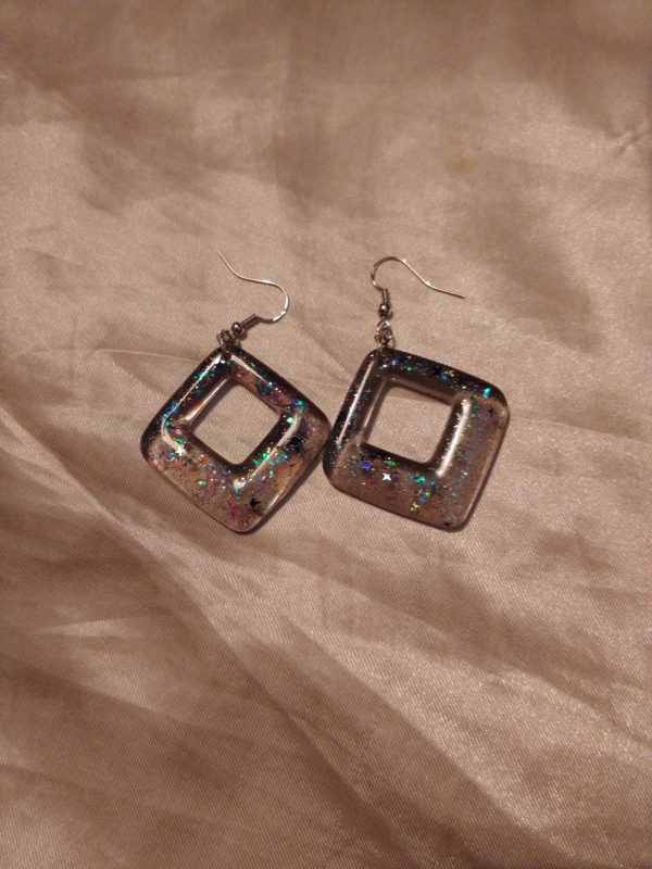 Chunky Square/Square Black Tint Blue/Silver Stars Glitter Blue/Pink/Green Holographic Flakes Silver Tone Posts Drop Earrings