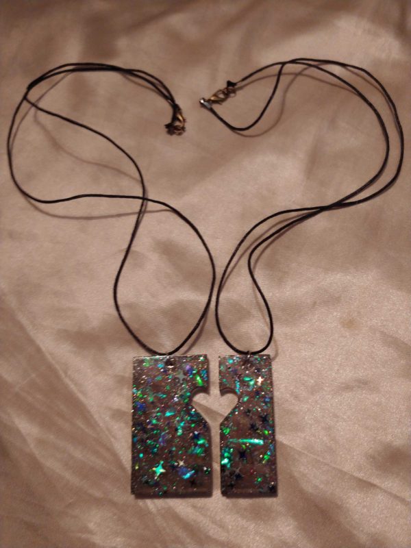 Heart Friendship (Pair) Black Blue/Silver Stars Glitter Blue/Green/Pink Holographic Flakes Black Cord Necklaces