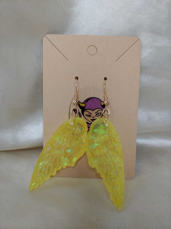 Angel Wings Yellow/Yellow Holographic Flakes Gold Tone Posts Drop Earrings