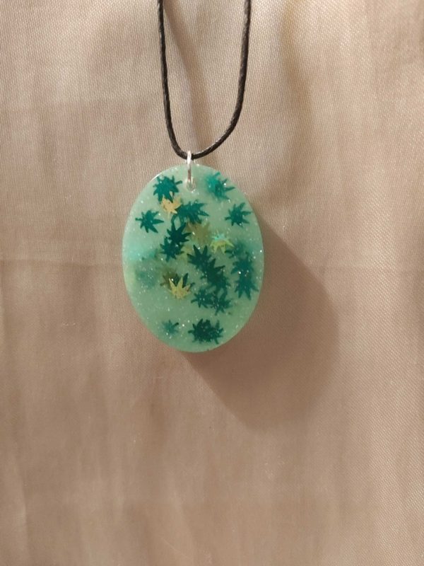 Chunky Oval 'High Maintenance' Glow-in-the-Dark 2-Tone Green Marijuana Leaf Glitter Black Cord Necklace