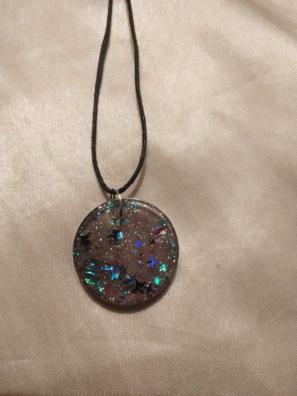 Chunky Round Black Blue/Silver Stars Glitter Blue/Green/Pink Holographic Flakes Black Cord Necklace