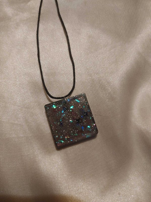 Chunky Square Black Blue/Silver Stars Glitter Blue/Green/Pink Holographic Flakes Black Cord Necklace - Image 2