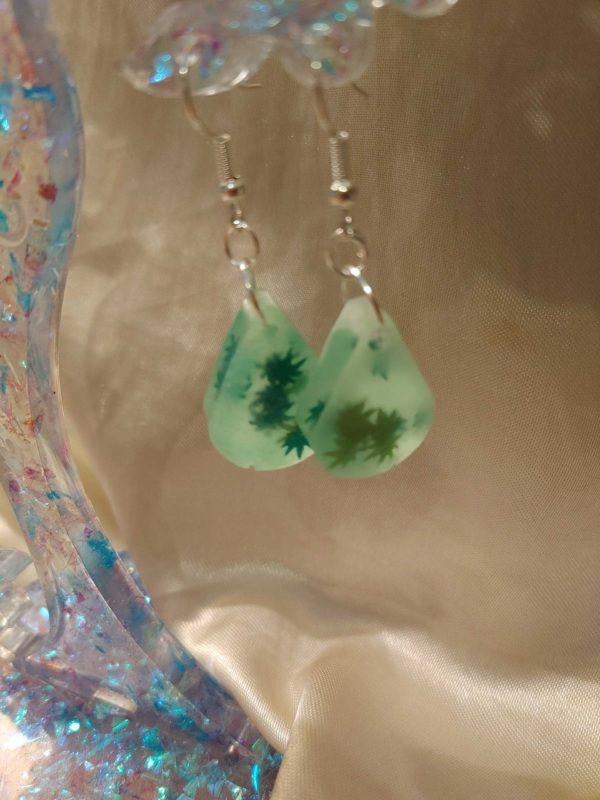 Chunky Teardrop 'High Maintenance' Glow-in-the-Dark 2-Tone Green Marijuana Leaf Glitter Silver Tone Posts Earrings