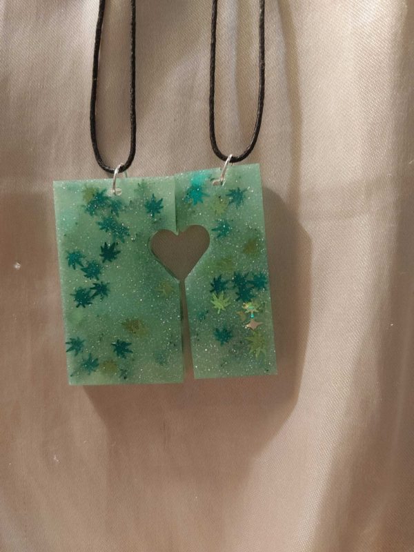 Heart Friendship (Pair) 'High Maintenance' Glow-in-the-Dark 2-Tone Green Marijuana Leaf Glitter Black Cord Necklaces