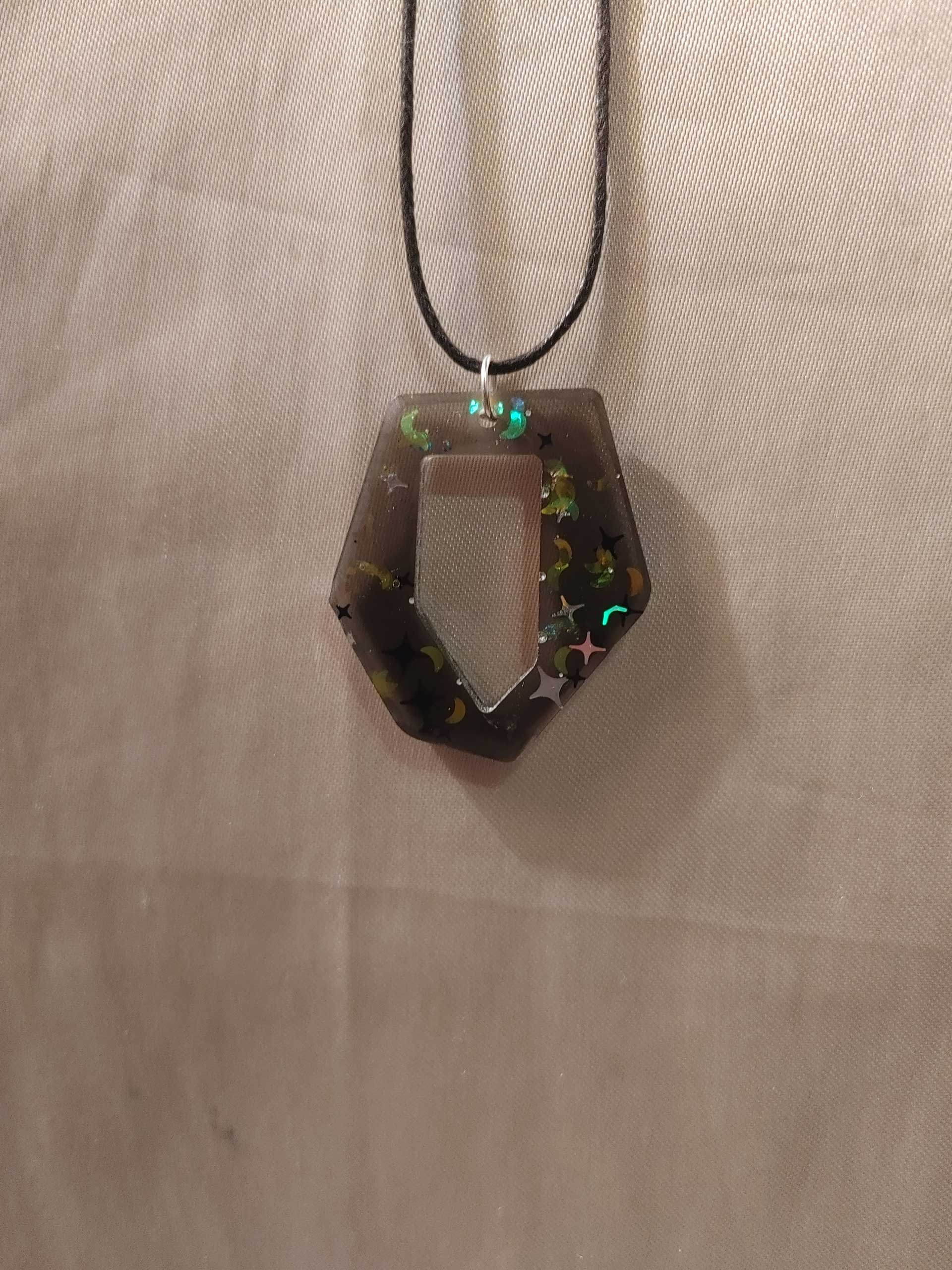 Hexagon/Pentagon Black Moon/Stars Glitter Black Cord Necklace