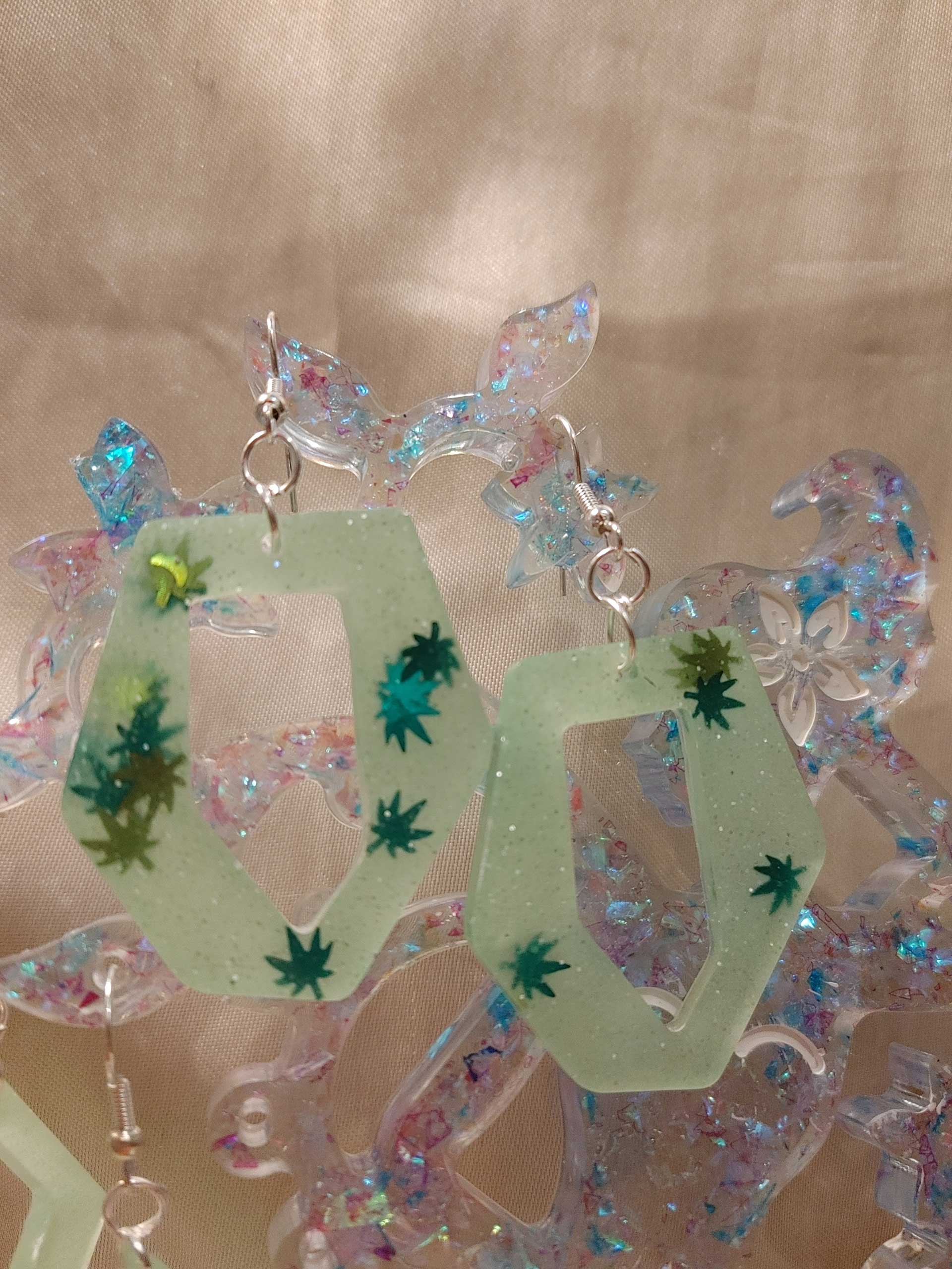 Hexagon/Pentagon 'High Maintenance' Glow-in-the-Dark 2-Tone Green Marijuana Leaf Glitter Silver Tone Posts Earrings