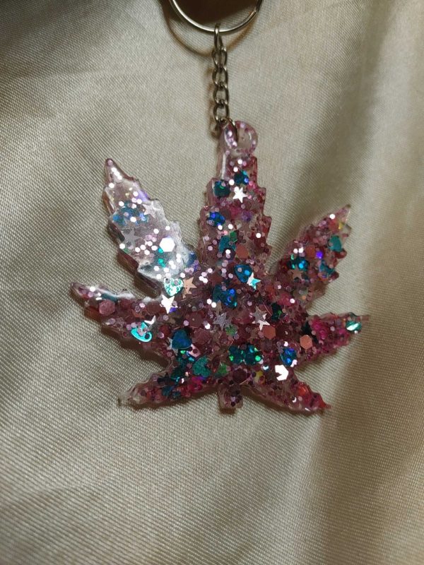 Marijuana Leaf Pink/Teal Glitter Keychain