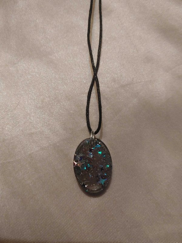 Oval Black Blue/Silver Stars Glitter Blue/Green/Pink Holographic Flakes Black Cord Necklace