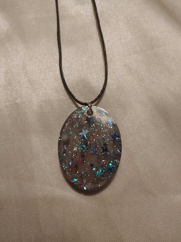 Chunky Oval Black Blue/Silver Stars Glitter Blue/Green/Pink Holographic Flakes Black Cord Necklace