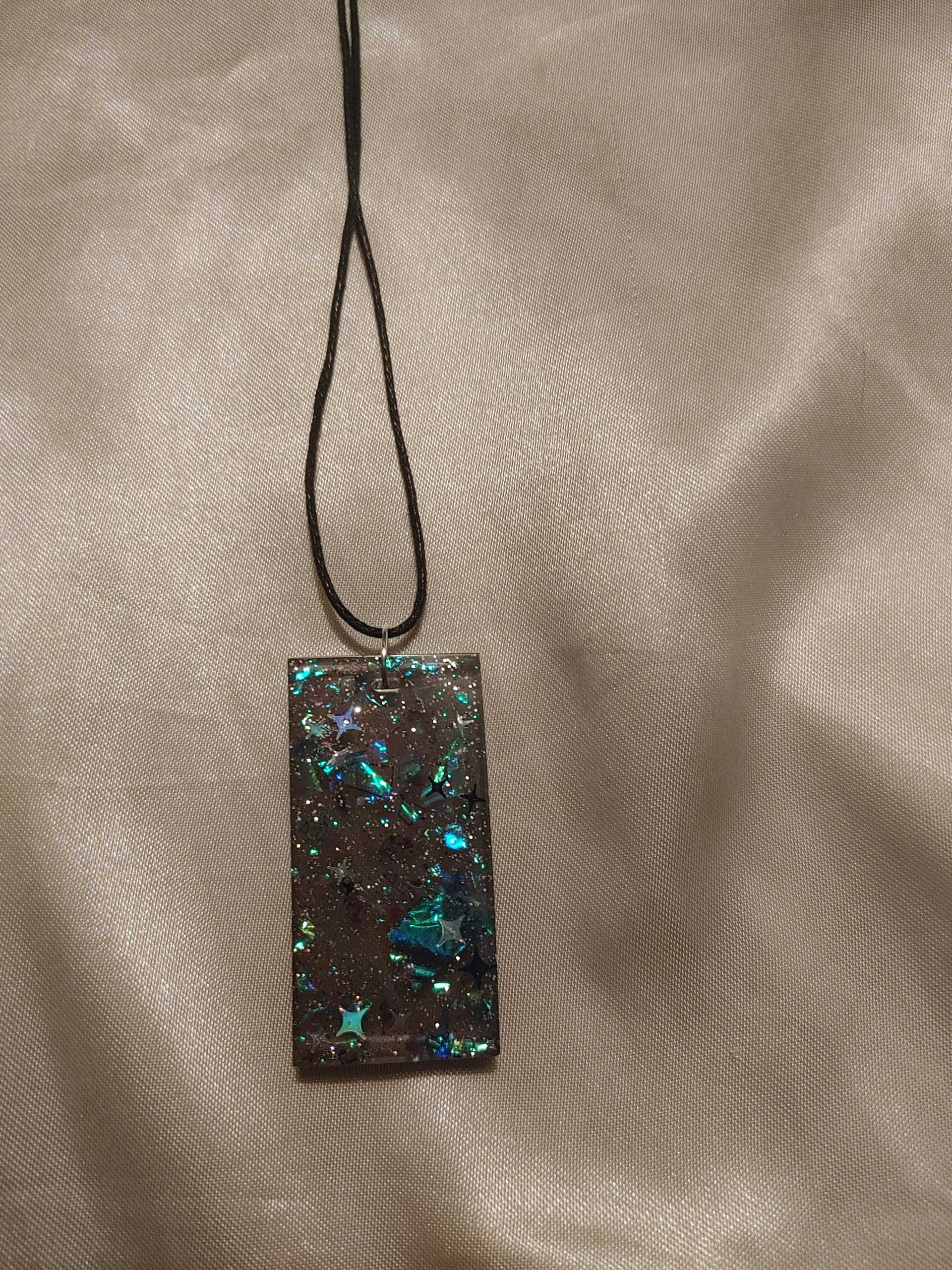 Rectangular Black Blue/Silver Stars Glitter Blue/Green/Pink Holographic Flakes Black Cord Necklace - Image 2