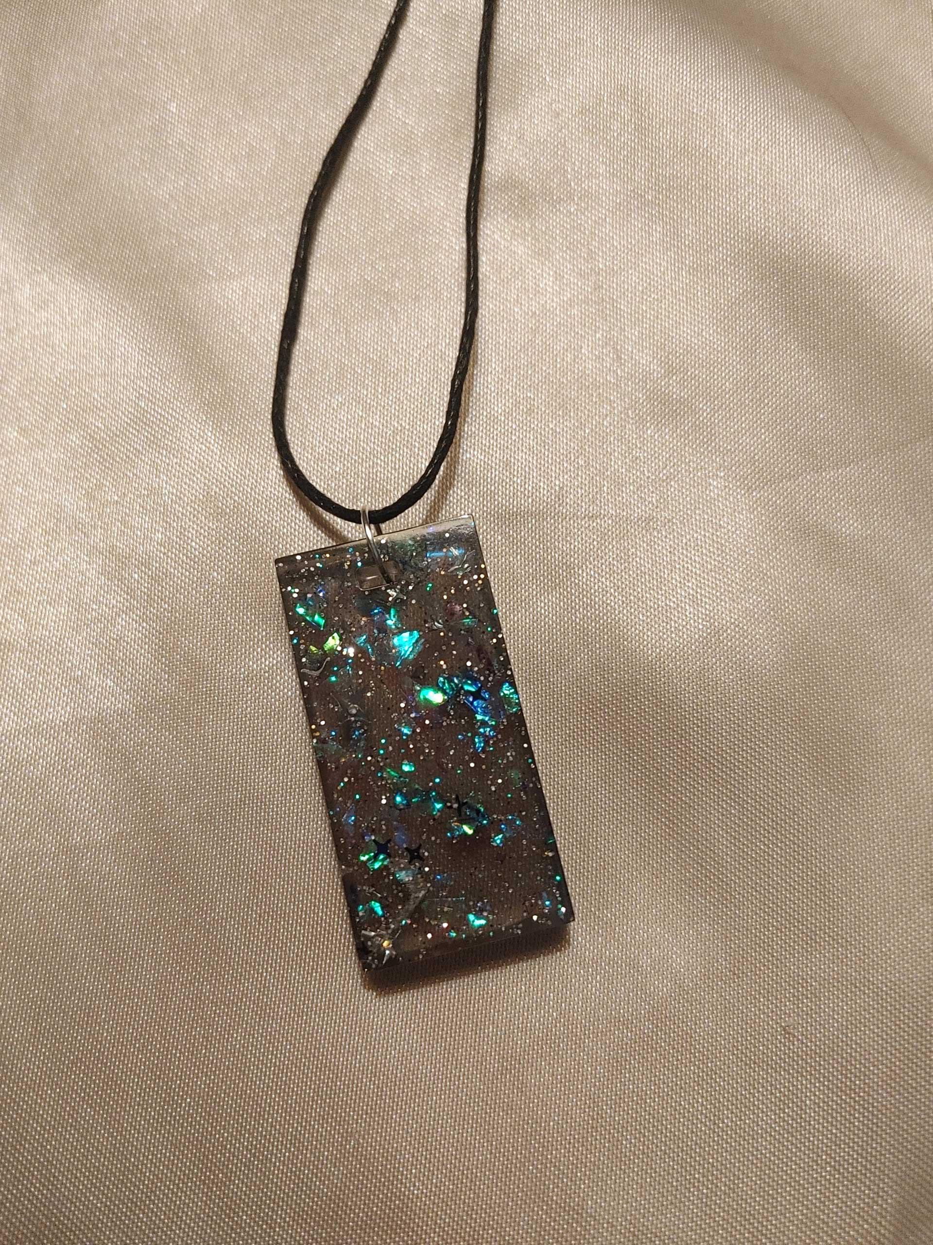 Rectangular Black Blue/Silver Stars Glitter Blue/Green/Pink Holographic Flakes Black Cord Necklace - Image 3