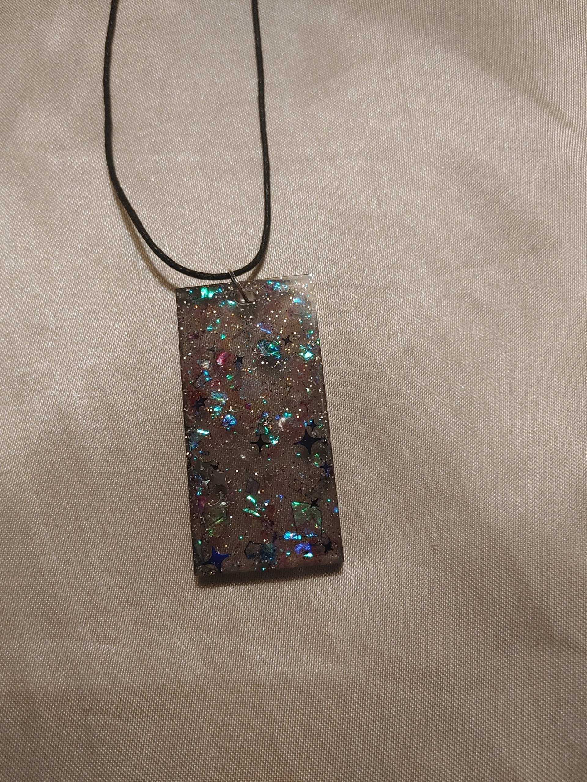 Rectangular Black Blue/Silver Stars Glitter Blue/Green/Pink Holographic Flakes Black Cord Necklace