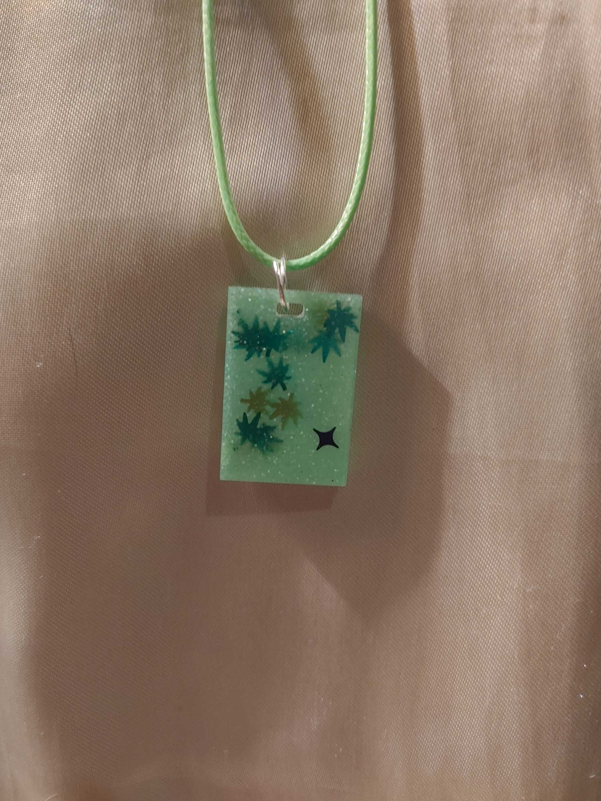 Rectangular 'High Maintenance' Glow-in-the-Dark 2-Tone Green Marijuana Leaf Glitter Green Cord Necklace