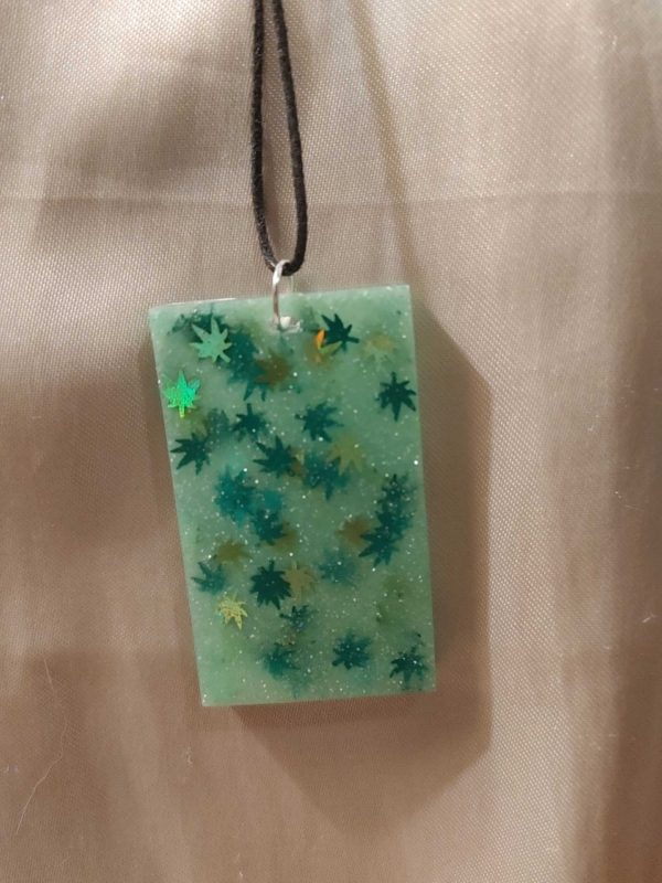 Chunky Rectangular 'High Maintenance' Glow-in-the-Dark 2-Tone Green Marijuana Leaf Glitter Black Cord Necklace