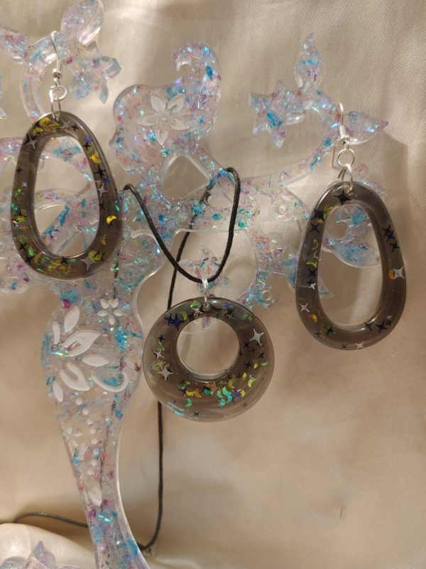 Round/Oval Black Moon/Stars Glitter Necklace/Earring Set