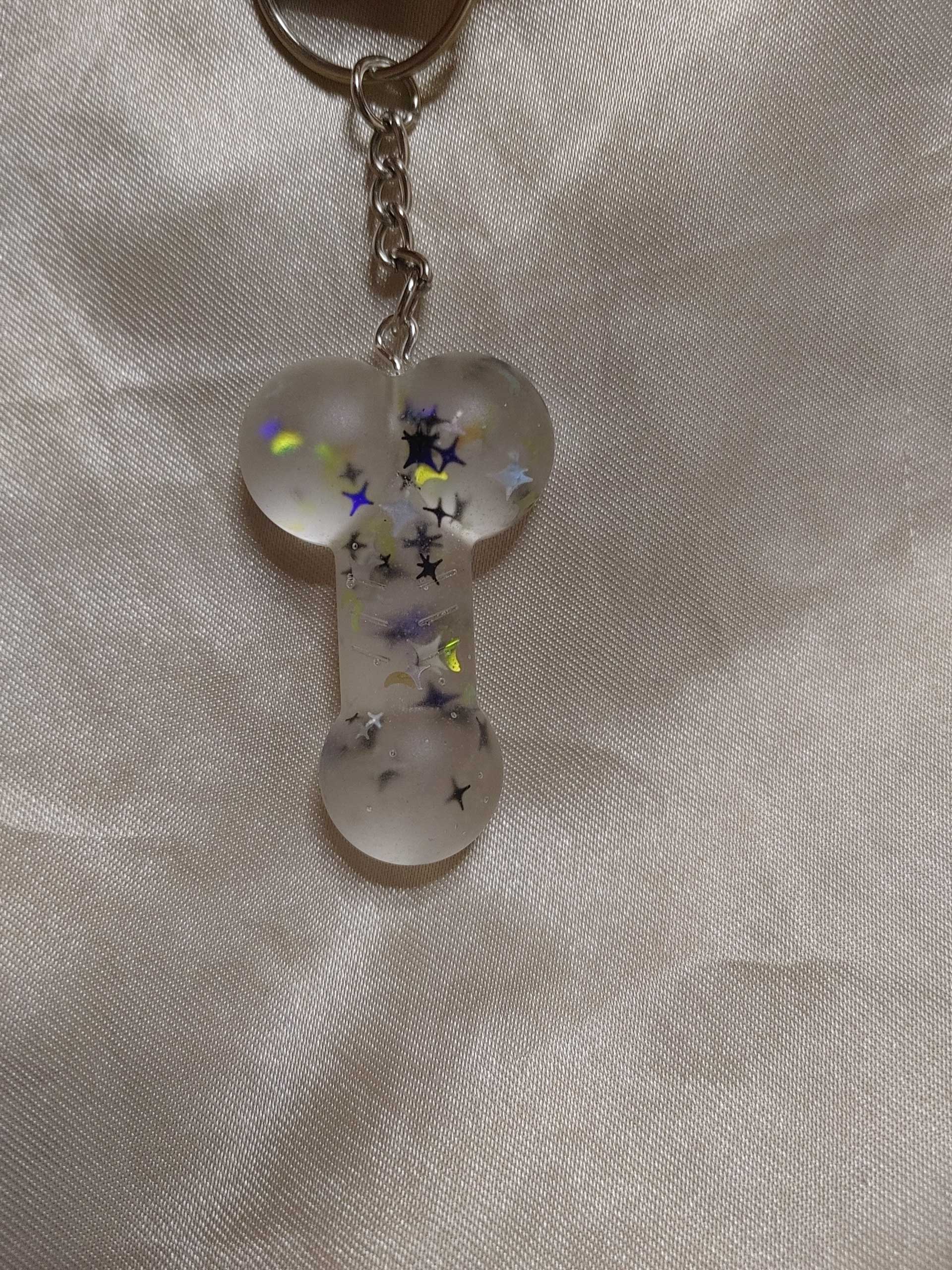 Out of this World Yellow Moons Silver/Blue Stars Glitter 'Delightful Dick' Keychain