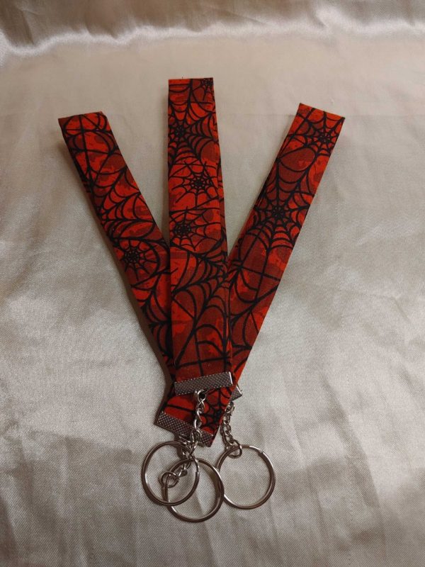 Spider Webs Red Background Fabric Wrist Lanyard Keychain