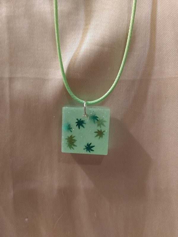 Square 'High Maintenance' Glow-in-the-Dark 2-Tone Green Marijuana Leaf Glitter Green Cord Necklace