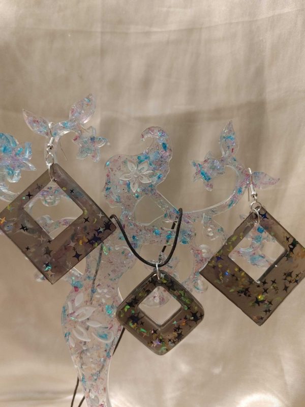 Square/Square Black Moon/Stars Glitter Necklace and Earring Set