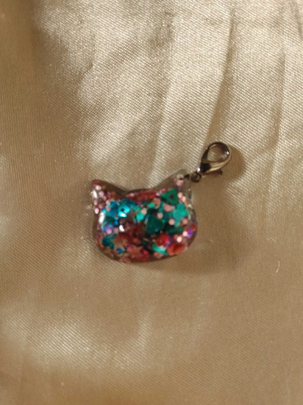 Kitty Head Pink/Teal Glitter Charm/Pendant/Keychain Fob/Zipper Pull