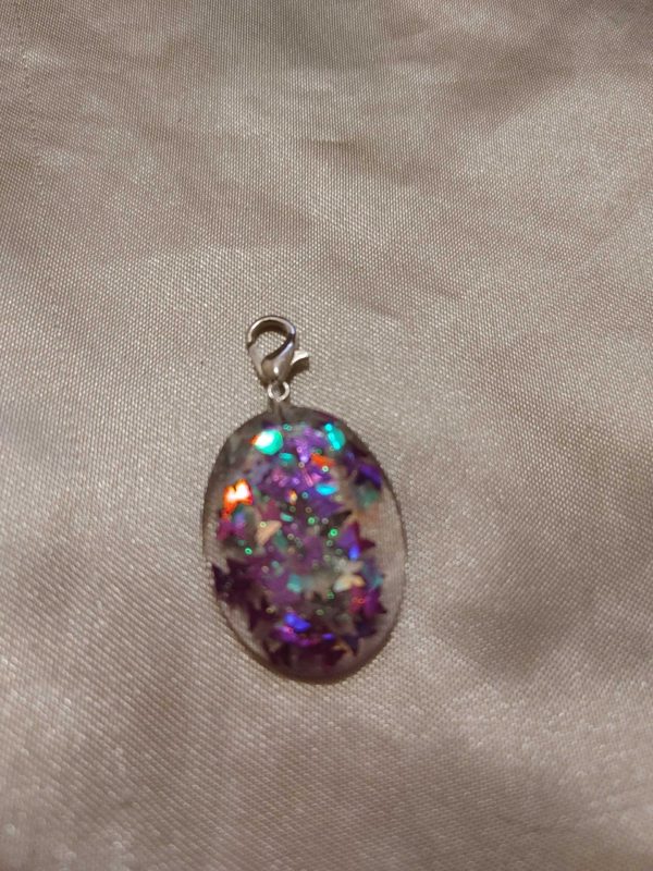 Oval Purple/Silver Butterfly Glitter Charm/Pendant/Keychain Fob/Zipper Pull