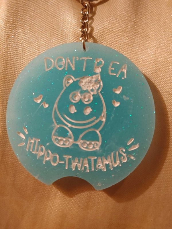 Don't be a Hippo-twatamus' Baby Blue White Glitter Keychain