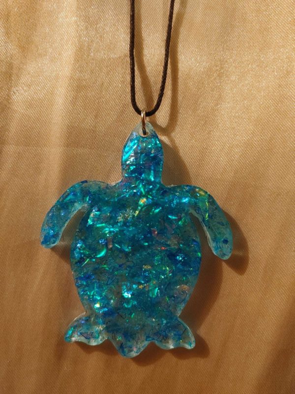 Turtle Blue Blue Holographic Flakes Adjustable Black Cord Necklace